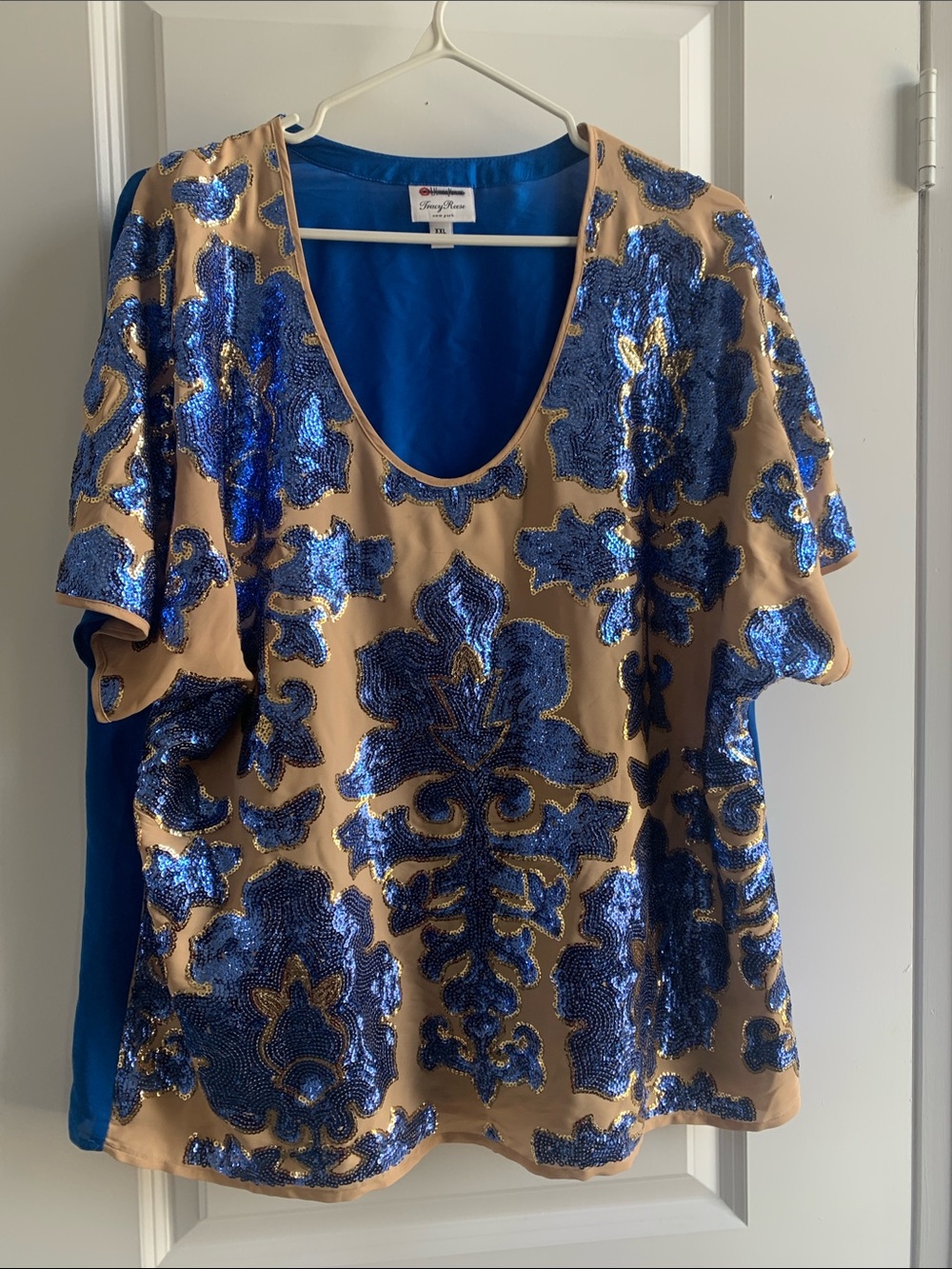 Tracy Reese Blue Sequin Floral Short Sleeve Top